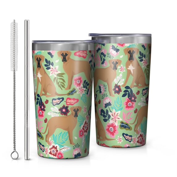 Boxer Dog and Flower Florals 10oz Tumblers Stainless Steel Tumbler with Lid and Straw,Vacuum Insulated Double Wall Travel Tumbler Cups with Cleaning Brush for Coffee, Tea