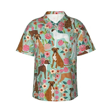 Boxer Dog Flowers Florals Hawaiian Shirts For Men, Summer Short-Sleeve Relaxed-Fit Button-Down Shirts Small