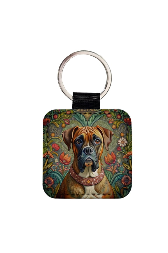 Boxer Dog French Bohemian Art Faux Leather Square Keychain