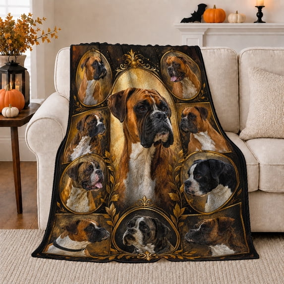 Boxer Dog Gallery Collage Portrait Ornate Oval Frames, Playful Pet Portrait Pattern, Warm Flannel Blanket for Living Room and Bedroom, Dog Moms Father's Day Gift, Pet Lover Home Decor