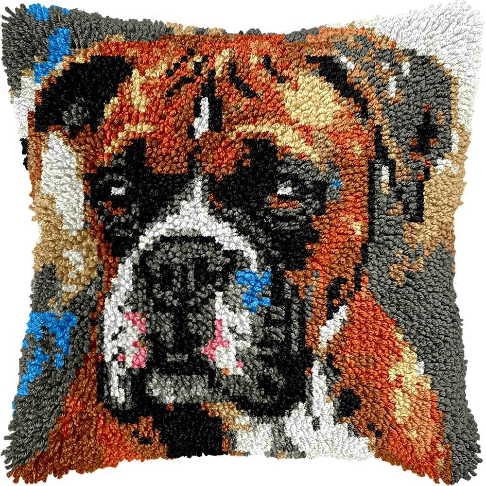 Boxer Dog Latch Hook Pillow Kits for DIY Throw Pillow Cushion Embroidery Latch Hooking Pillowcase Kits with Preprinted Canvas Crochet Yarn Kits for Home Decor 17''X 17''(d326)