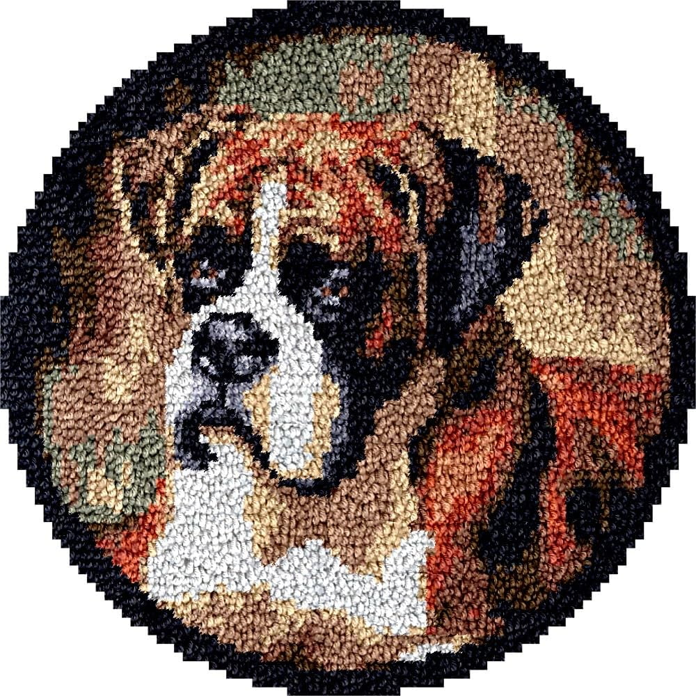 Boxer Dog Latch Hook Round Rug Kits Set for Starter Crochet Handmade Hooking Cushion Mat Sofa Seat Cushion Crocheting Kits with Preprinted Canvas Crochet Yarn Kits 50X50CM (r8)