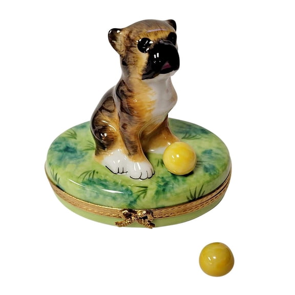 Boxer on Grass with Removable Ball Limoges Box Gift Limoges Box Porcelain Figurine