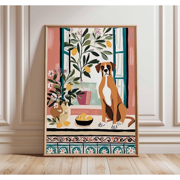 Boxer Dog Mediterranean Lemon Tree Colorful Botanical Pet Illustration Unframed Paper Print