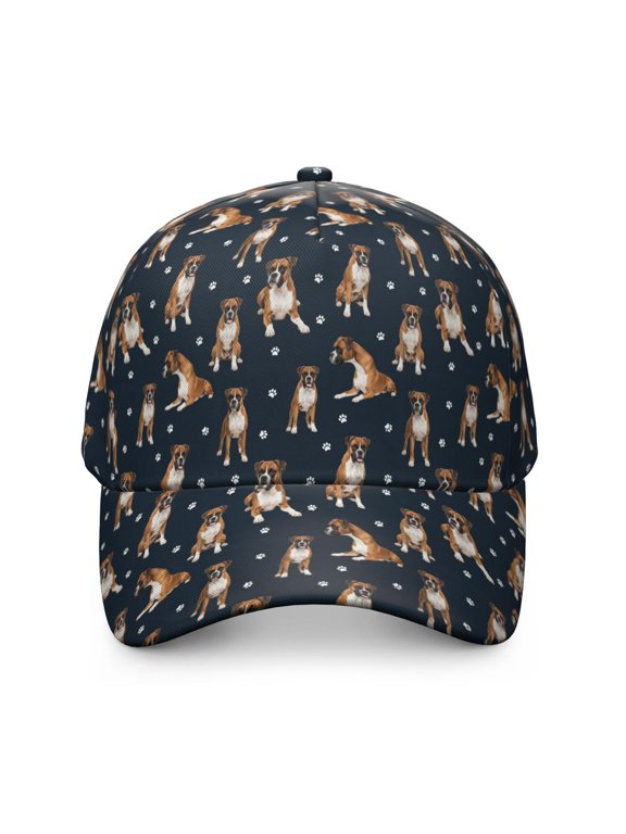 Boxer and Dog Paw Print Blue Pattern Baseball Cap, Structured Flat Bill Hat with Snap Closure & Sweatband, Polyester Construction Gifts for Unisex Men Women