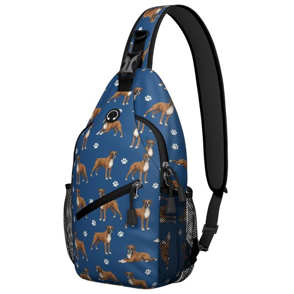 Boxer and Dog Paw Print Blue Pattern Sling Backpack, Unisex Cycling Crossbody Bag with Side Mesh Pockets, Adjustable Ambidextrous Strap Gift Ideas for Holiday Birthday Gifts