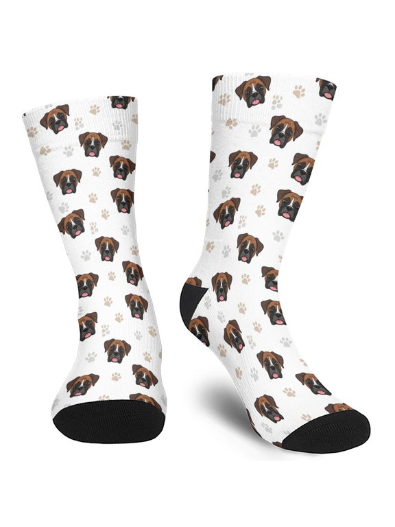 Boxer and Dog Paw Print White Men's Mid-calf Crew Socks, Everyday Trainer Socks with Reinforced Heel & Toe, Moisture Wicking Gifts Ideas for Holiday Birthday Gifts