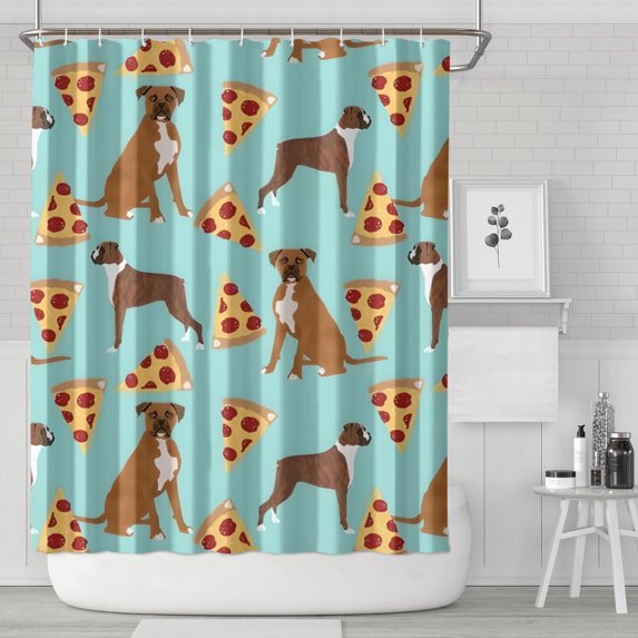 Boxer Dog Pitbull Terriers Dog and Pizza Shower Curtain 84"x72" ,Bathroom Decorative Shower Curtains Set with 12 Hooks,Modern Waterproof Washable Shower Curtain