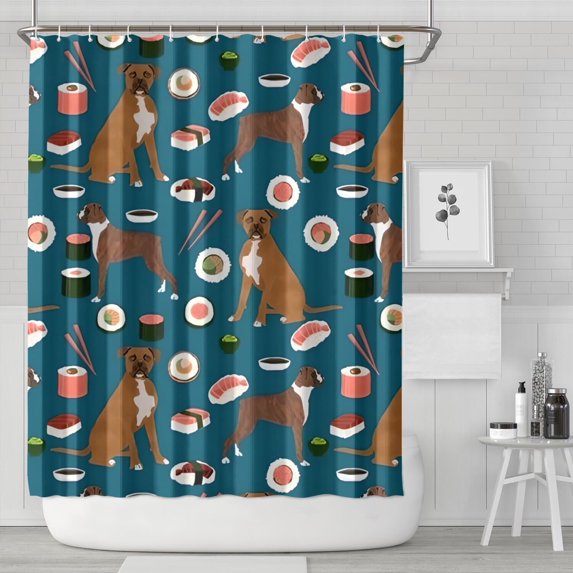 Boxer Dog Pitbull Terriers Dog and Sushi Shower Curtain 84"x72" ,Bathroom Decorative Shower Curtains Set with 12 Hooks,Modern Waterproof Washable Shower Curtain