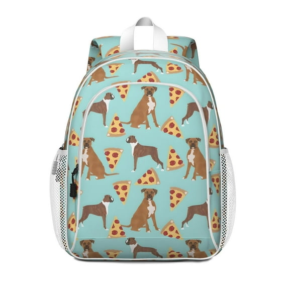 Boxer Dog Pitbull Terriers Dog and Pizza Backpack for School,Cute School Bag,Schoolbag with Adjustable Shoulder Straps & Padded Back,15"x11.42"x5.5"
