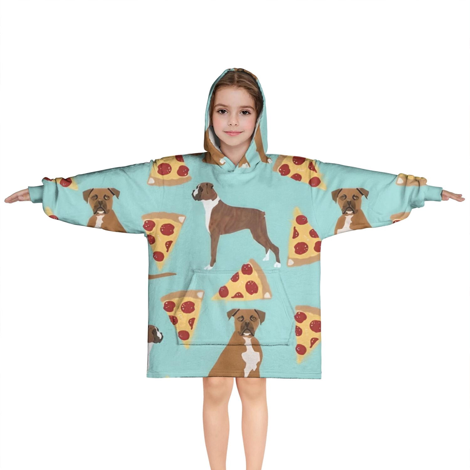 Boxer Dog Pitbull Terriers Dog and Pizza Blanket Hoodies for Kids 6-13YR Oversize Wearable Blanket Hoodies for Boys Girls Teens