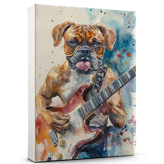 Boxer Dog Playing Electric Guitar Canvas Size 8x12 – Vintage Style Boxer Dog Art for Electric Guitar Fans, Great Gift for Dog Owners