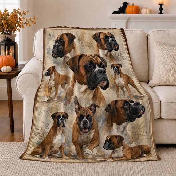 Boxer Dog Portrait Collage Vintage Parchment Botanical Accents, Peaceful Pet Portrait Pattern, Warm Flannel Blanket for Living Room and Bedroom, Dog Lovers Just Because Gift, Pet Lover Home Decor