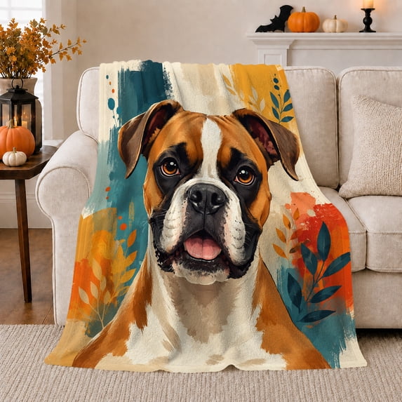 Boxer Dog Portrait with Colorful Leaves, Playful Modern Style for Dog Lovers, Abstract Pet Portrait Motif and Pet Adoption Gift, Cozy Flannel Blanket for Living Room and Bedroom, Home Decor