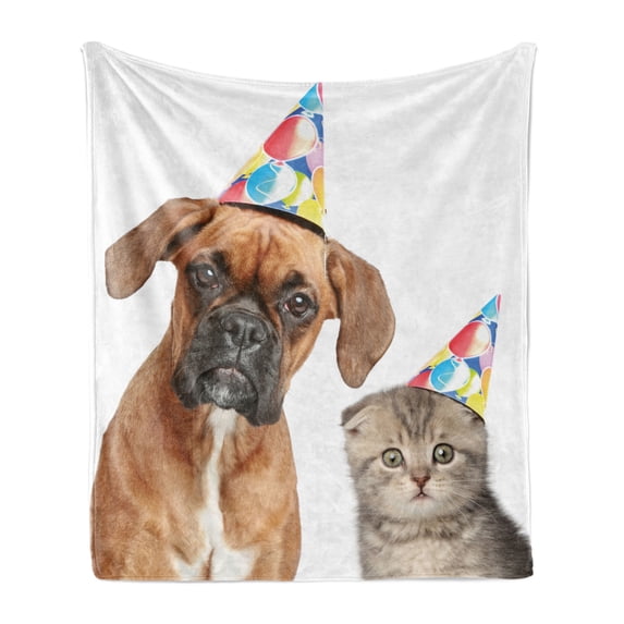 Boxer Dog Soft Flannel Fleece Throw Blanket, Funny Animal Humorous Image of Boxer Dog and Scottish Fold Cat in Party Caps, Cozy Plush for Indoor and Outdoor Use, 50" x 70", Multicolor, by Ambesonne