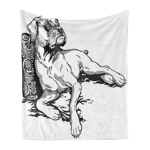 Boxer Dog Soft Flannel Fleece Throw Blanket, Monochrome Illustration of an Animal Detailed Canine Hand Drawn, Cozy Plush for Indoor and Outdoor Use, 50" x 70", Charcoal Grey and White, by Ambesonne
