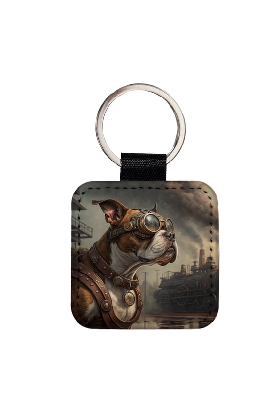 Boxer Dog Steampunk Faux Leather Square Keychain