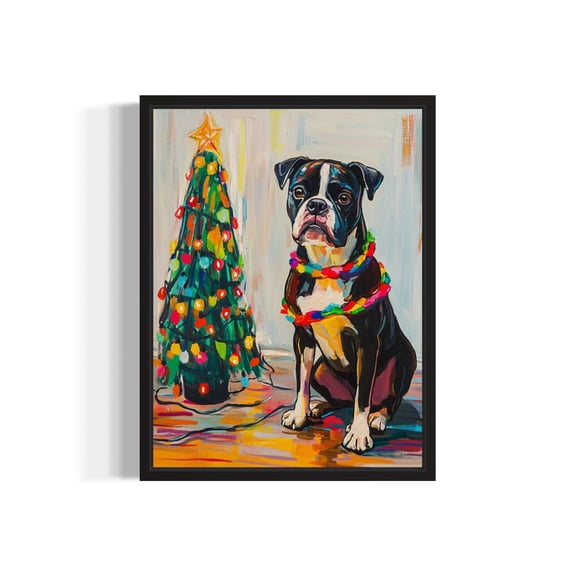 Boxer Dog Tangled In Lights Art Print, Animals Wall Art Decor,Season Home Decor #224, Unframed Canvas Size 24x36