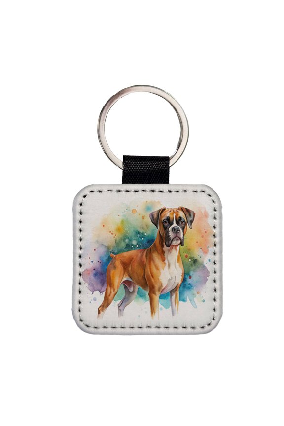 Boxer Dog Watercolor Style Faux Leather Square Keychain