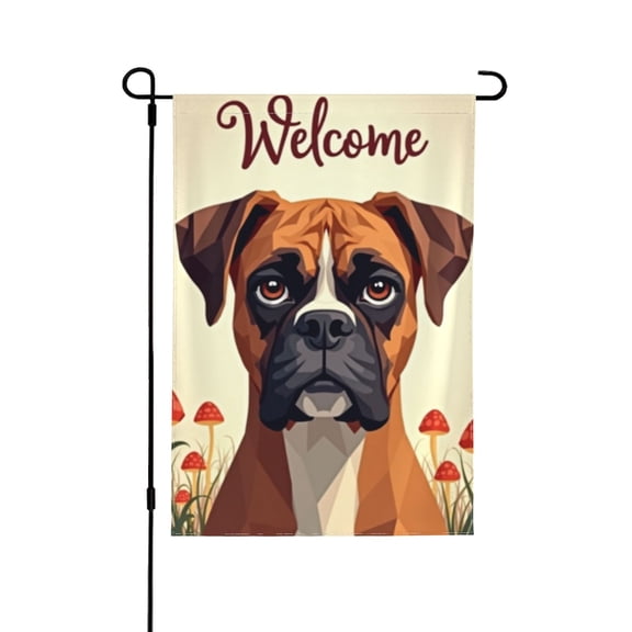 Boxer Dog Welcome Garden Flag 12x18 Inch Double Sided – Autumn Fall Rustic Mushroom Yard Decoration For Porch, Lawn & Patio