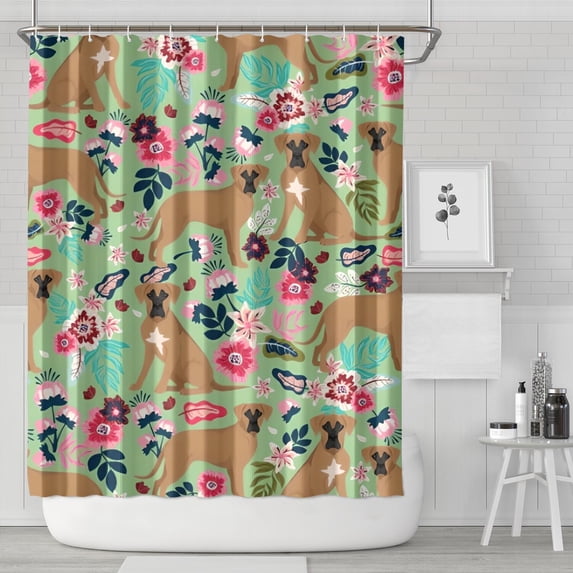 Boxer Dog and Flower Florals Shower Curtain 84"x72" ,Bathroom Decorative Shower Curtains Set with 12 Hooks,Modern Waterproof Washable Shower Curtain