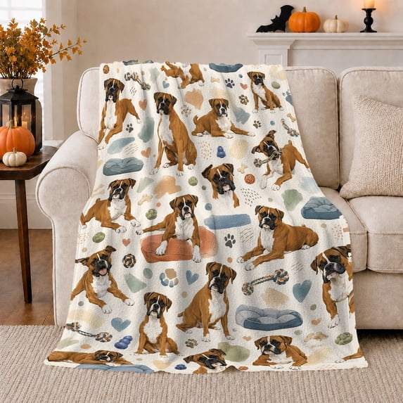 Boxer Dogs With Playful Accessories, Detailed Animal Illustration Collage Illustration for Boxer Dog Lovers, Friendship Gift, Cozy Flannel Blanket and Home Decor for Living Room and Bedroom