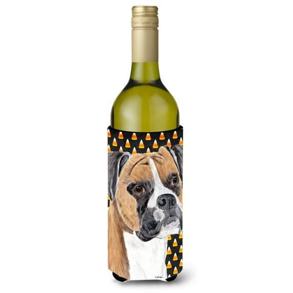 Boxer Fawn Uncropped Ears Candy Corn Halloween Portrait Wine Bottle Hugger