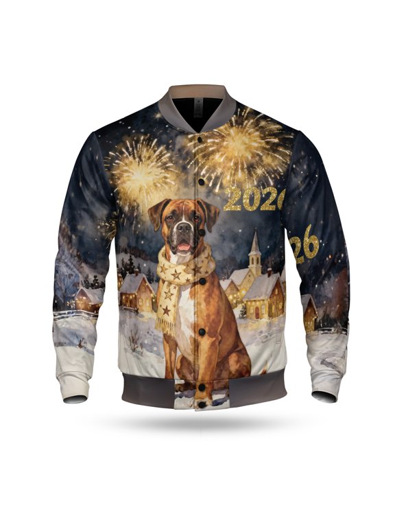 Boxer Happy New Year 2026 with Fireworks on New Year's Eve All Over Print 3D Baseball Jacket Boxers Dog Lover Gifts Idea Bomber Jacket Softball - 12022