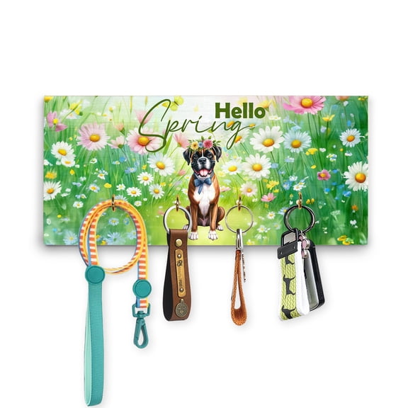 Boxer Hello Spring Time Flower Floral Nature Wood Key Holder Boxers Dog Lover Gifts Idea Wall-mounted Key Rack Home Decor - 02031
