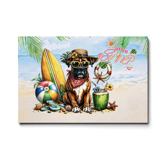 Boxer Hello Summer with Sunglasses and Surfboard Tropical Vibes Horizontal Matte Canvas Poster Boxers Dog Lover Gifts Idea Wall Art Home Decor - 00007