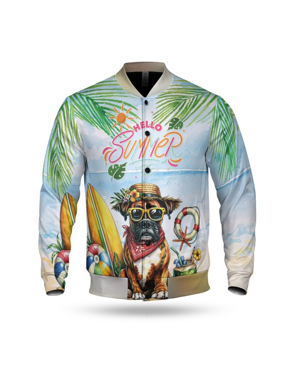 Boxer Hello Summer with Sunglasses and Surfboard Tropical Vibes All Over Print 3D Baseball Jacket Boxers Dog Lover Gifts Idea Bomber Jacket Softball - 00007