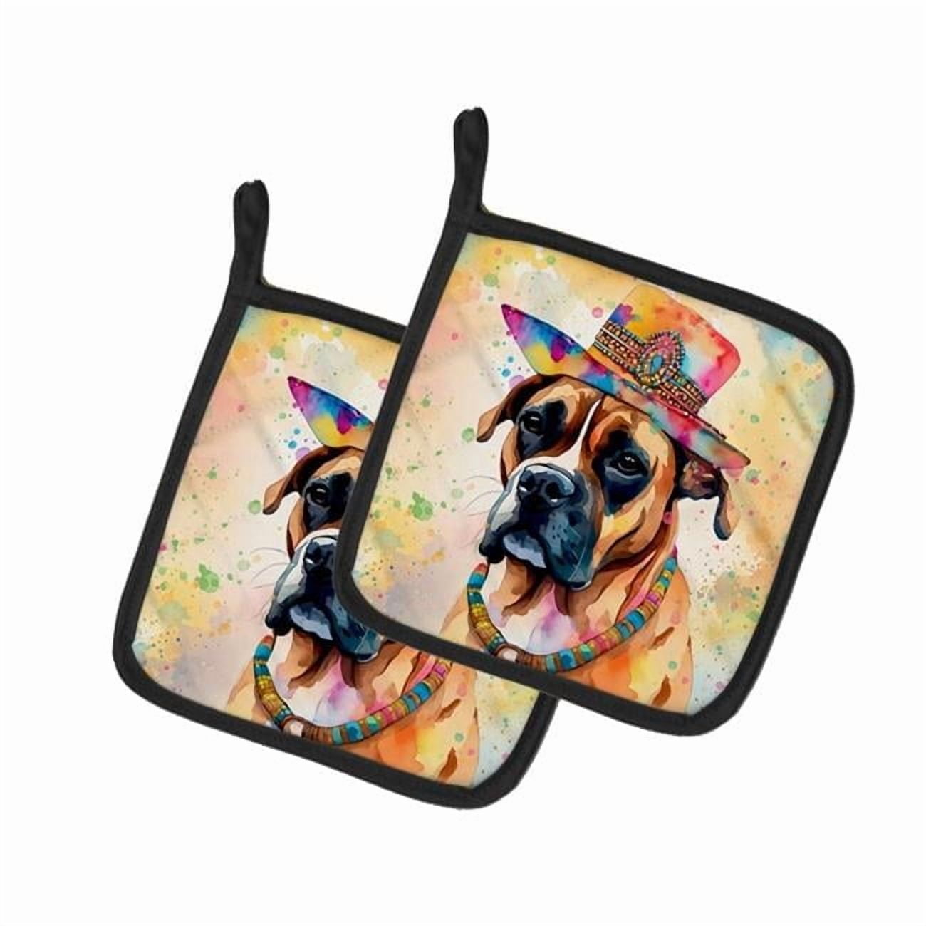 Boxer Hippie Dawg Pair of Pot Holders 7.5 in x 7.5 in