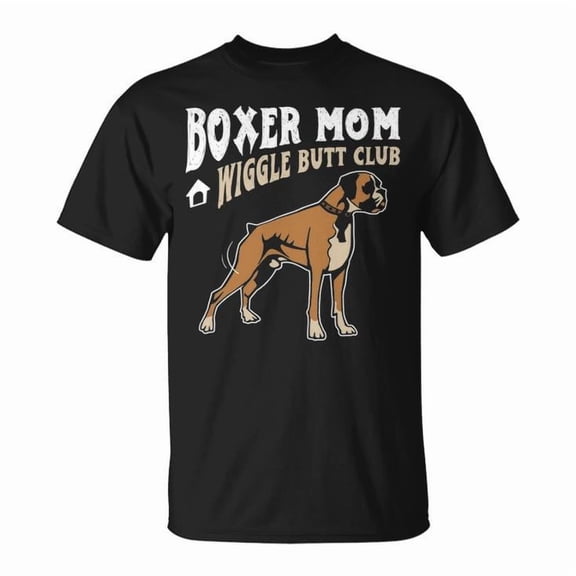 Boxer Mom Wiggle Butt Club Graphic Tee Unisex Adult Cotton Dog Lover Design T-Shirt for Pet Owners Casual Everyday Wear, Size S, Color Black