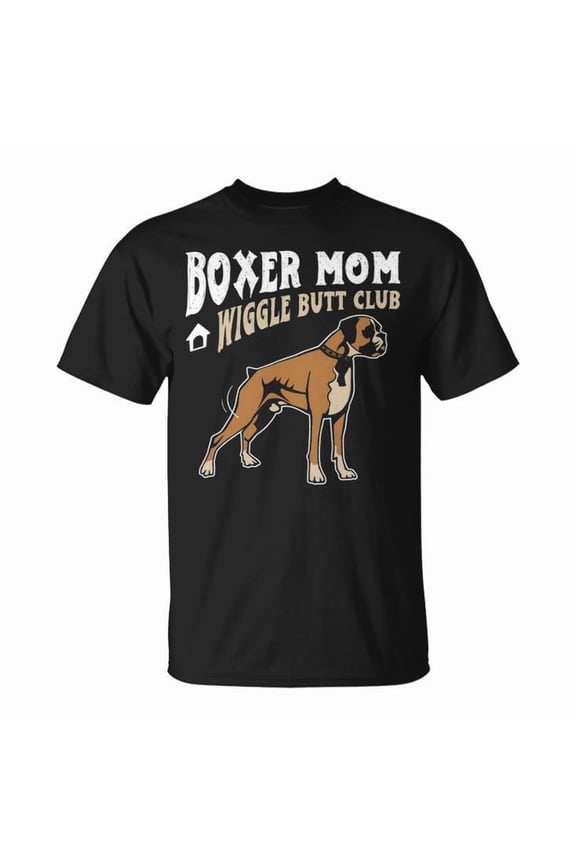 Boxer Mom Wiggle Butt Club Graphic Tee Unisex Adult Cotton Dog Lover Design T-Shirt for Pet Owners Casual Everyday Wear, Size S, Color Black