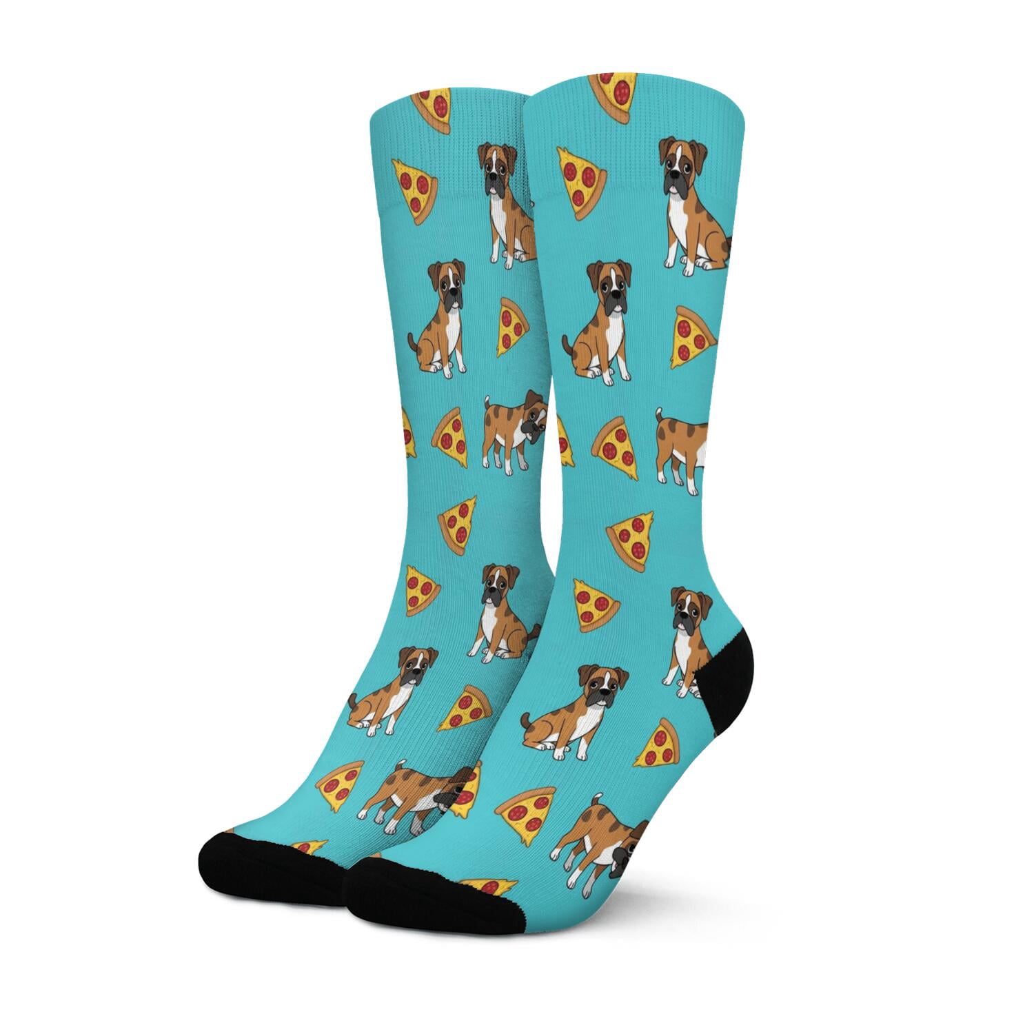 Boxer and Pizza Blue Pattern Women's Crew Socks, Mid-calf Polyester ...