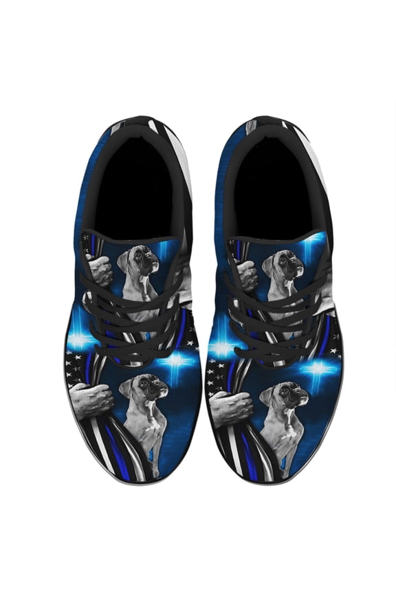 Boxer Police Dog Thin Blue Line Christian Cross Shoes Women's Fashion Sneakers Tennis Running Shoes for Men Women Black Size 4