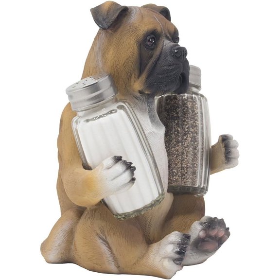 Boxer Puppy Dog Glass Salt and Pepper Shaker Set with Decorative Display Stand Holder Figurine for Country Cottage Kitchen Dcor Spice Racks or Table Centerpieces As Canine Gifts for Pet Lovers