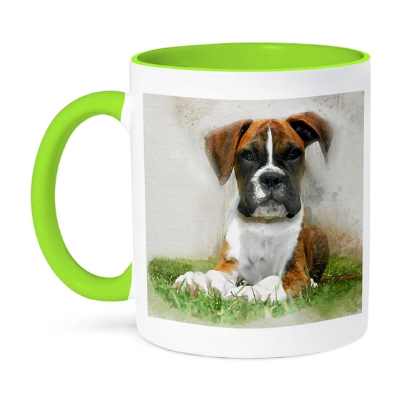 3dRose, Boxer Puppy Dog Laying in the Grass Watercolor, 11oz Two-Tone Green Mug