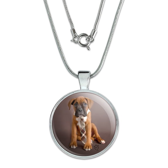 Boxer Puppy Dog Sitting with Tie 1" Pendant with Sterling Silver Plated Chain