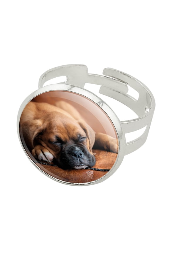 Boxer Puppy Dog Sleeping in Leather Chair Silver Plated Adjustable Novelty Ring