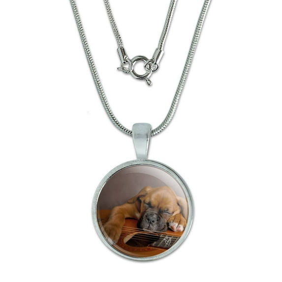 Boxer Puppy Dog Sleeping on Guitar 0.75" Pendant with Sterling Silver Plated Chain