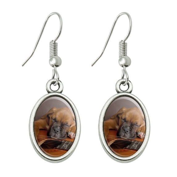 Boxer Puppy Dog Sleeping on Guitar Novelty Dangling Drop Oval Charm Earrings