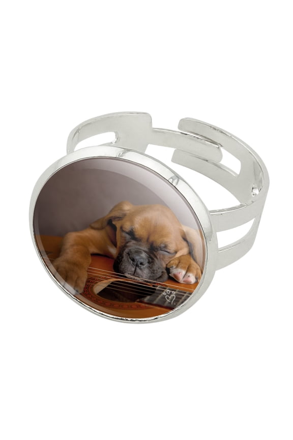 Boxer Puppy Dog Sleeping on Guitar Silver Plated Adjustable Novelty Ring