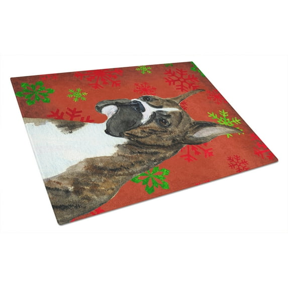Boxer Red and Green Snowflakes Holiday Christmas Glass Cutting Board Large