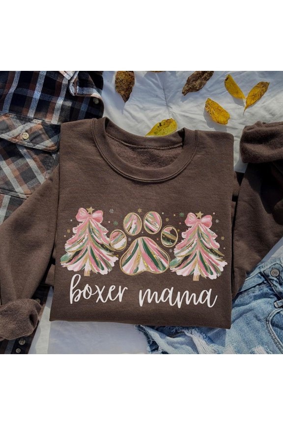 Boxer Sweatshirt, Merry Boxer Pink Tree Sweater, Boxer Lover , Coquette Boxer Dog Mom Crewneck Top