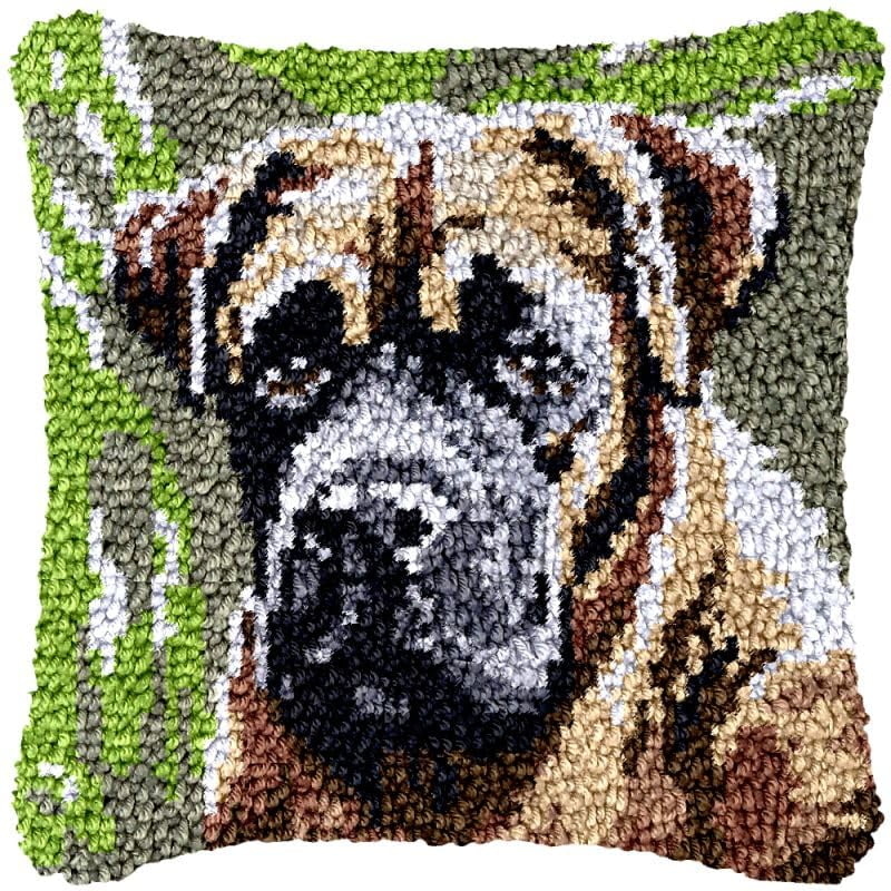 Boxer Terrier Latch Hook Pillow Cover Kits for DIY Handmade Throw Pillow Cross Stitch Latch Hook Pillowcase Rug Kits with Preprinted Color Pattern Canvas Crochet Yarn Kits 17''X 17''(ch8)