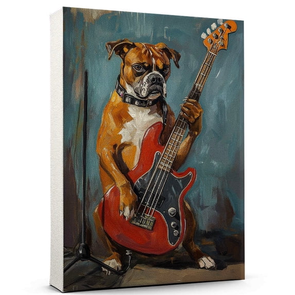 Boxer Vintage Dog – Artistic Music, Boxer Dog with Bass Guitar Stretched Canvas Size 8x12 Wall Print for Bedroom, Living Room, Office