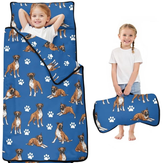 Boxer and Dog Paw Print Blue Pattern Teens Toddler Nap Mat with Pillow, Sleeping Mat Bag for Preschool Daycare 50"x20"