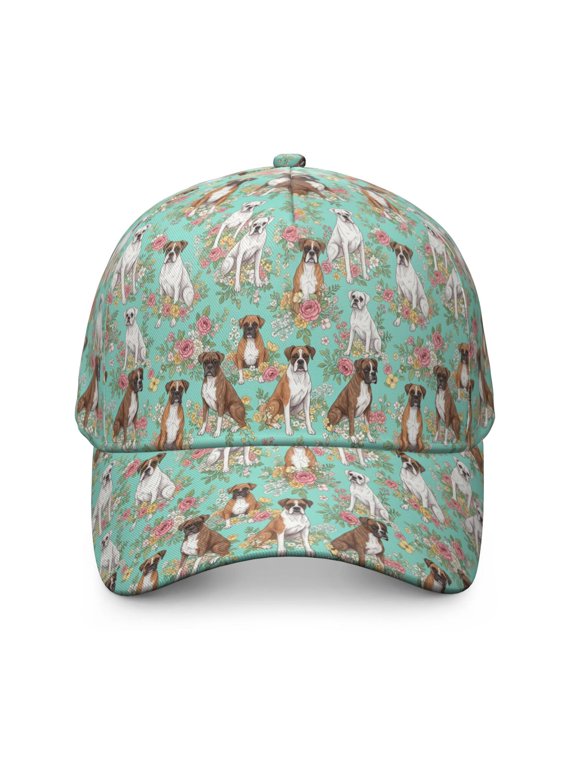 Boxer and Floral Blue Pattern Baseball Cap, Outdoor Travel Cap with Snap Closure & Sweatband, Breathable Eyelets Gifts for Sports Outdoor Travel