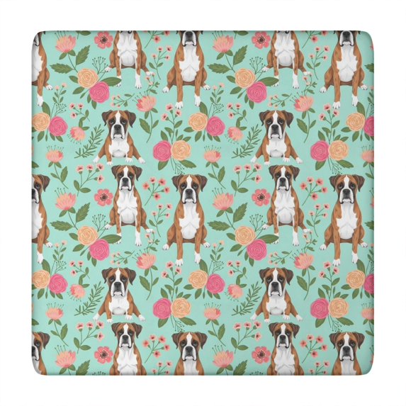 Boxer and Floral Green Pattern Square Fitted Tablecloth with Elastic Edge, Washable Table Cover for Home Kitchen Party and Daily Decor 34"x34"